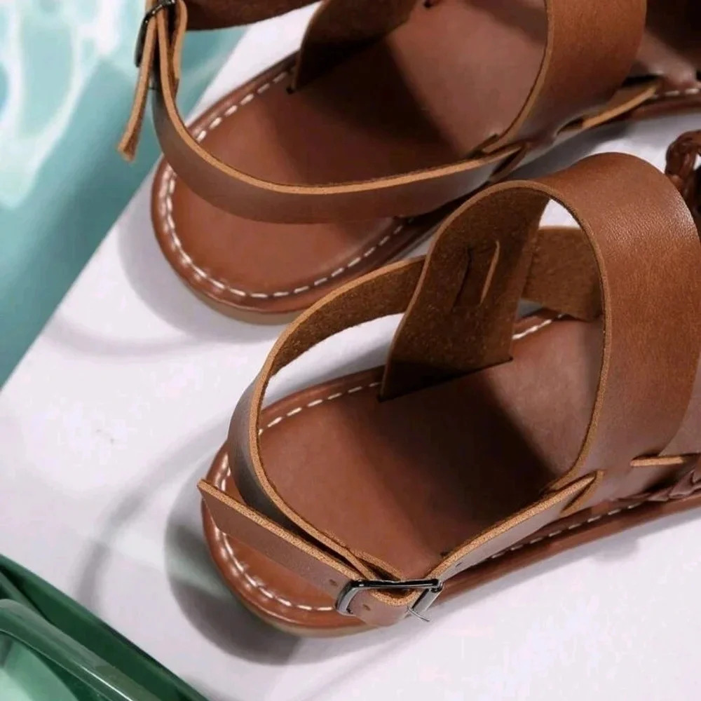 Women Braided Detail Buckle Decor Slingback Sandals, Vacation Flat Sandals - Picture 5 of 7